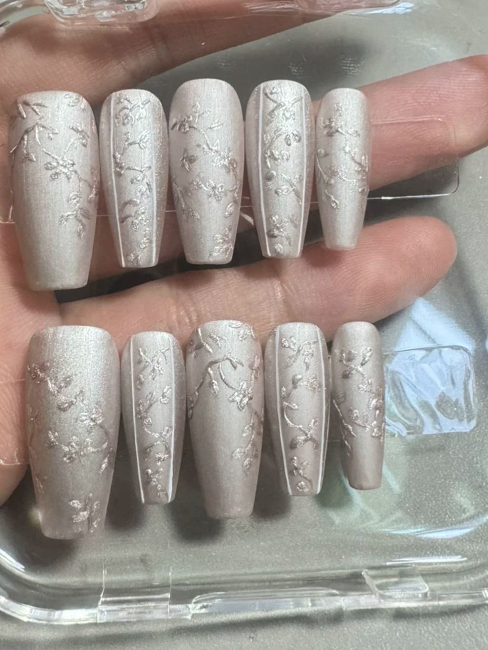Hand made Pearl Embossed Floral Press-On Nails
